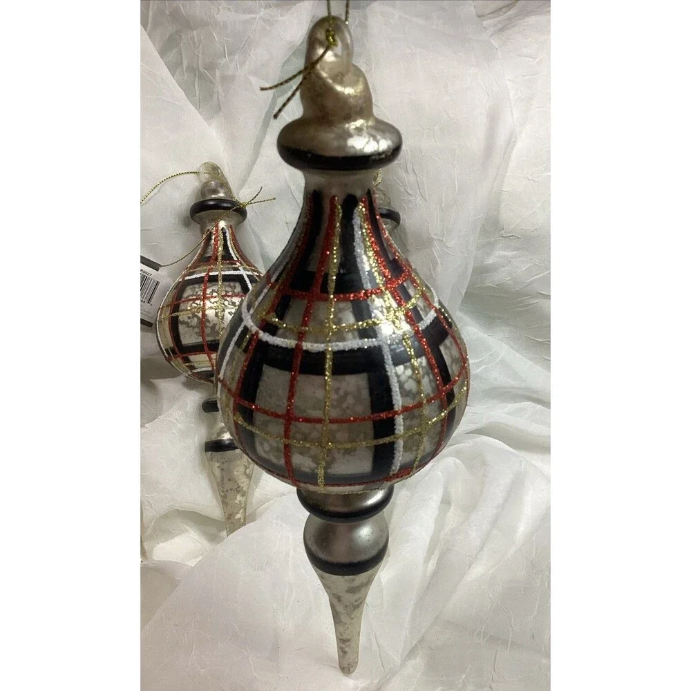 Mercury Glass Finial Christmas Plaid Ornaments X4 Black, Red, Gold & Silver 9